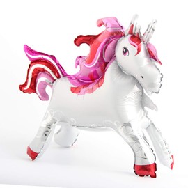 Self Stand Unicorn Birthday Party Decorations - Foil Unicorn Horse Animal Balloons Toy (Pink, Red)