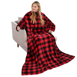Catalan Classy Wearable Blanket Sleeve Gift,For Adults, Women, Men, Super Soft, Warm Fit, Micro Plush, Lightweight Fleece Body Blanket, TV Wrap Blanket with Pockets，Red Plaid