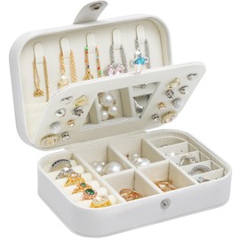 Travel Jewelry Box with Mirror, PU Leather Small Jewelry Organizer for Women Girls, Portable Mini Travel Jewelry Case, 2 Layer Storage Holder Boxes for Necklaces, Earrings, Rings, Bracelets（White）