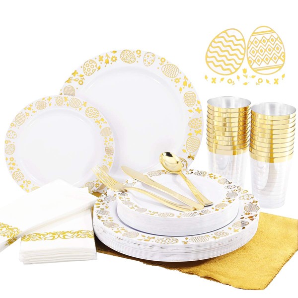Hioasis 175pcs Easter Plastic Plates - White Gold Plastic Plates Include 25 Dinner Plates,25 Dessert Plates,25 Cups,25 Forks,25 Knives,25 Spoons,25 Napkins Perfect for Easter Party