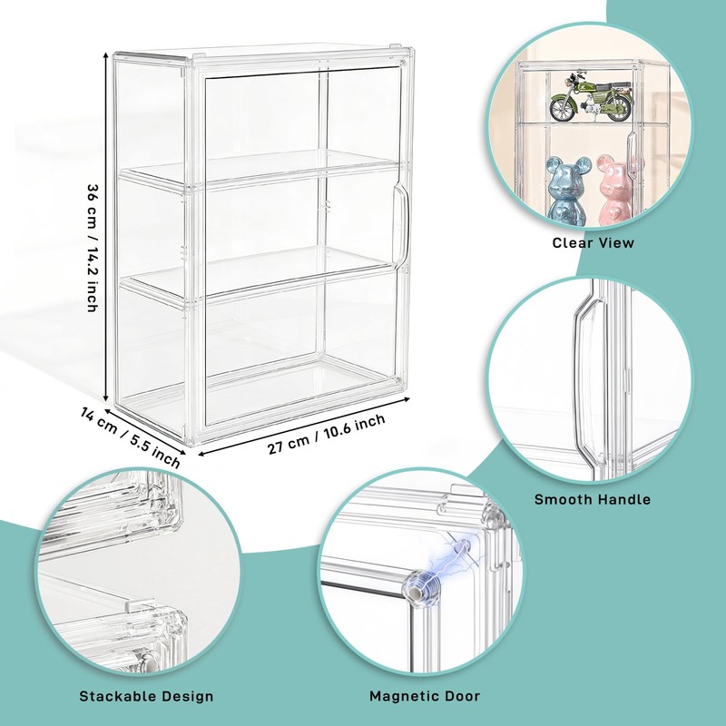 3 Tier Acrylic Display Case for Figures, Stackable Clear Storage