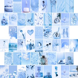 POIUNA Wall Art Collage Kit, 50PCS Aesthetic Prints for Room Decor, Wall Collage Kit for Teen Girls, Satin Finish, Blue, Unframed, Indoor, Bedroom