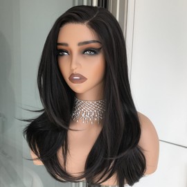 mytonecoo Pre Cut Glueless Wig Wear and Go Synthetic Lace Front Wig Layered Straight Black Pre Plucked Short Wig 16 Inch Side Part Ready to Wear Wigs for Women