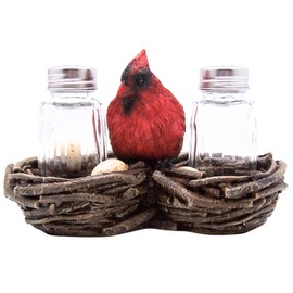 Cardinal and Nest Salt and Pepper Set Holder, Rustic Decor, Shakers Included, 6 Inches