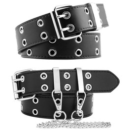 Gothic Belt Double Grommet Buckle Leather Belt for Mens Women Jeans Fashion Belt Punk Rock y2k with Chain, O-2pcs Black, Fit Waist Size Under 36 Inches