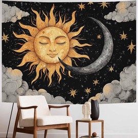 FENDROM Black Tapestry Boho Sun and Moon Psychedelic Tapestry Hippie Clounds Starry Night Vintage Aesthetic Tapestries Wall Hanging for Bedroom Living Room Dorm