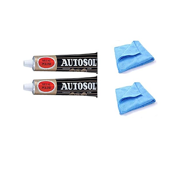 Solvol Autosol Metal Polish and 2 Microfibre Cleaning Cloths for Chrome and Aluminium 2 x 75ml Tubes