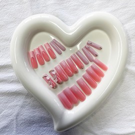 Pink Gradient Press on Nails Long Coffin Fake Nails 3D Butterfly Charm Stick on Nails Flower French Tip False Nails with Design Ombre Glue on Nails Glossy Acrylic Nails for Women Manicure 24pcs…