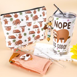 Keluna Sloth Gifts for Women Girls - 4Pcs Sloth Gifts Set 20oz Stainless Steel Tumbler with Lids Straw Cute Animal Makeup Bags Socks Keychain for Sloth Lovers Friends Birthday Christmas Gifts