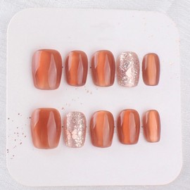 Handmade Nail Tips, Short Amber Color, Glitter 10 Pieces, Handmade, Luxurious, Cute, Simple, Stylish, Easy to Apply Gel Nail Tips (Amber, S)