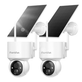 FAMVIVA 2K Solar Security Cameras Wireless Outdoor, 360°PTZ Battery Powered Cameras for Home Security, 2.4G WiFi Outdoor Camera with Color Night Vision, IP66 Waterproof, Motion Sensor Alarm, White-2P