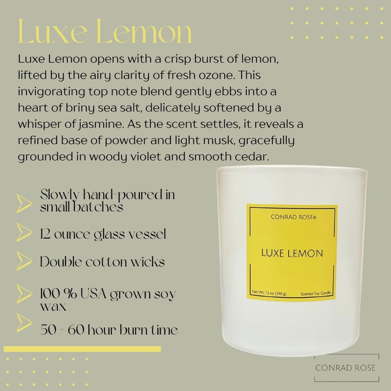 Conrad Rose Scented Soy Candle 12 oz (Luxe Lemon) Luxury
