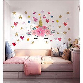 Unicorn Horn Wall Stickers, Pink Decor Unicorn Face Star Heart Wall Decals for Girl’s Bedroom Baby Girl Room Nursery, Unicorn Flower Decoration for Girl’s Birthday Party