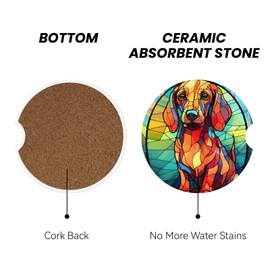 Dachshund Stained Dog Breed Glass Art Ceramic Car Cup Holder Coasters 2 Pcs, Anti Slip Removable