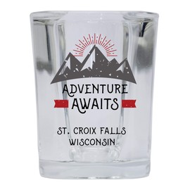 St. Croix Falls Wisconsin Souvenir 2 Ounce Square Base Liquor Shot Glass Adventure Awaits Design