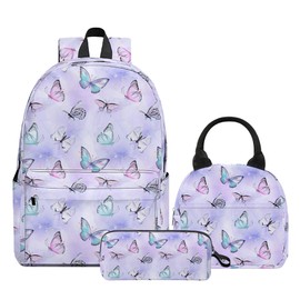 Butterfly Printed Backpack Set for Girls Kids, 3Pcs Bookbag with Pencil Case for school, 17 Inch Lightweight Laptop Backpack with Lunch Bag for Women Teens Office, High School