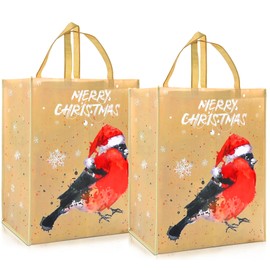 Christmas Tote Bags - 2 Pack Large Christmas Bags with Christmas Tree and Robin Handle Non-woven Fabric Gift Present Bag，ADQUATOR Xmas Shopping Bag for Holiday Party