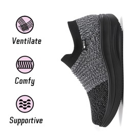 Oude Pull On Ladies Walking Sneakers On Cloud | Black Platform Shoes for Women Work Everyday | 2 Inch Rocker Bottom with Arch Support Size 9.5