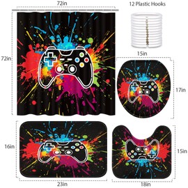 Bribay 4 Piece Shower Curtain Sets, Colorful Blue Red Green Orange Game with Non-Slip Rugs, Toilet Lid Cover and Bath Mat, for Bathroom Decor Set, 72" x 72"