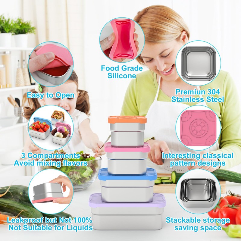 DaCool 4 Pack Kids Stainless Steel Snack Containers with Lids