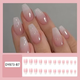 Nude Pink Press on Nails Square Medium Coffin Fake Nails White False Nails Gradient Stick on Nails Full Cover Glossy Repeatable Glue on Nails Acrylic Nails Artificial Nails for Women Girls 24 Pcs