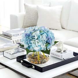 N&T NIETING Hydrangea Artificial Flowers with Vase Blue Silk Fake Flowers Faux Hydrangea Flowers with Faux Water Riverstones for Home Office Table Room Wedding Centerpiece Decorations
