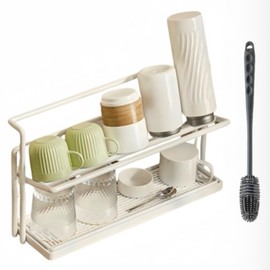 FaceBucks Water Bottle Drying Rack with Cleaning Brush, 2-Tier Stainless Steel Baby Bottle Dryer Rack for Kitchen Countertop - Space Saving Cup & Bottles Organizer 【White】