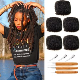 JIFFYLOCS Tight Afro Kinky Bulk Human Hair for Dreadlock Extensions 100% Human Hair,5 Packs 10 Inches Long,Natural Black #1B,Repair Extensions,Making Locs or Braids, with Needles and Hairpin