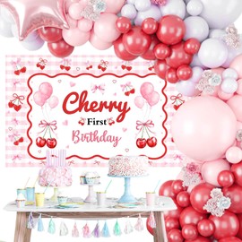 Mocsicka Cherry First Birthday Backdrop Banner for Girl 1st Birthday Cherry Theme Coquette Decorations Pink Bow Party Decor Cherry Birthday Party Decor