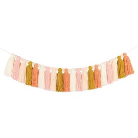 FSSTUD Boho Tassel Garland - Cotton & Wood - Yellow Pink - 94cm x 13cm - 16mm Bead - 20 Tassels - Wall Hanging Decoration