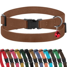 Muromto Breakaway Cat Collar Leather Soft Adjustable Pet Kitten Collars with Bell Pink Brown Blue Green Red (Cognac)