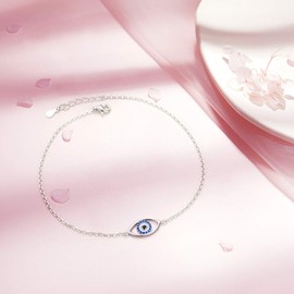 HOOHWE Anklets for Women 925 Sterling Silver Blue Evil Eye Ankle Bracelets Adjustable Layered Anklet Summer Beach Foot Chain Jewelry
