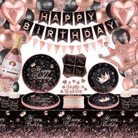 169 Pieces Black and Rose Gold Party Decoration Black Rose Gold Tableware Set Rose Gold Black Party Supplies Rose Gold Black Birthday Party Supplies Plates Banner Balloons Tablecloth Served 20