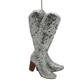 Silver Cowboy Boots Christmas Ornament Glitter Country Singer High Heel Christmas Tree Decoration - 4 Inch