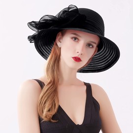 RZTA Women's Kentucky Church Dress Hat Derby Wide Brim Leaf Flower Bridal Shower Hat, J3 Black