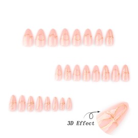 24pcs Almond Press on Nails Short Gold Bow Fake Nails with Designs Gold Letter False Nails Glue on Nails Full Cover Acrylic Nails Stick on Nails for Women Nail Decoration