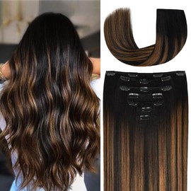 20 Inch Clip-in Hair Extensions Remy Human Hair for Women - Soft Handmade Real Human Hair Clip in Extensions, Straight, Thick, 155g 7pcs #(1BT6) P1B Color