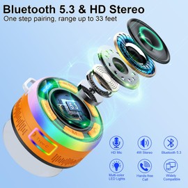 Bluetooth Shower Speaker, Portable Wireless Speaker IP7 Waterproof Speaker 360° Surround Sound, Bulit-in Mic, LED Light, Bathroom Speaker with Suction Cup for Bathroom, Party, Outdoor, Travel (New)