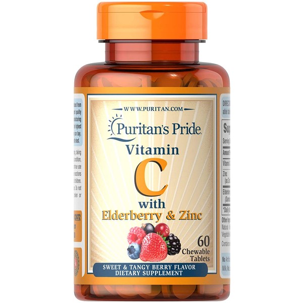 Puritan's Pride Vitamin C with Elderberry & Zinc for Immune System Support, 60 Chewables by Puritan's Pride, 60 Count (Pack of 1)