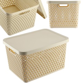 KADAX Storage Basket, Basket with Lid, Storage Box, Plastic Storage Box, Modern Shelf Basket, Container with Ventilation Holes (18L, Beige)