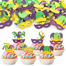 24 piezas de decoración para magdalenas de Mardi Gras con purpurina, máscaras para cupcakes, alimentos, frutas, palillos de máscaras, fiesta de carnaval, baby shower, fiesta de cumpleaños, suministros de decoración de pasteles