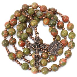 Nazareth Store Green Flower Agate Rosary Necklace Natural Beads Antique Red Miraculous Medal with Cross