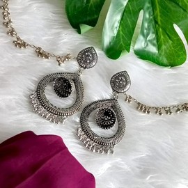 Efulgenz Oxidized Indian Earrings for Women Chandbali Jhumka Jhumki Dangle Earrings Set with Ear Chain Indian Oxidized Hair Chain Jewelry Boho Bohemian Statement Jewelry for Women