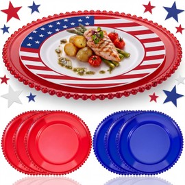 CHENGU 6 Pcs 4th of July Charger Plates Patriotic Charger Plates Red and Blue Clear Acrylic Round Table Decorations Placemat for Independence Day Party Kitchen Dining Tables