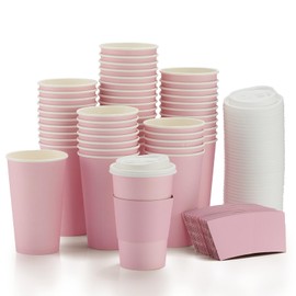 Disposable Coffee Cups with Lids and Sleeves, Hot and Cold Beverage Water Paper Cup for Home Restaurant Wedding Travel Party Supplie (50, 16oz)