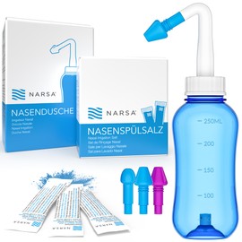 Narsa® Nose Shower Set + 10 x Nasal Rinse Salt Sachets + 3 Attachments, Adults + Children Nose Rinse Bottle, Nose Rinse for Cold / Sniffing / Allergy / Dry Nose / Ayurveda Neti