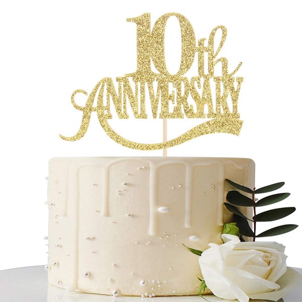 Gold Glitter 10th Anniversary Cake Topper - for 10th Wedding Anniversary / 10th Anniversary Party / 10th Birthday Party Decorations
