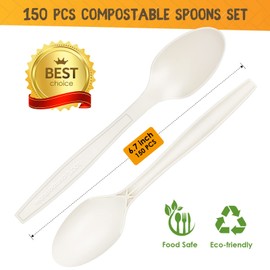 Gezond 150 Count Compostable Spoons White Heavyweight Spoons Disposable Utensils Biodegradable Cutlery Set for Home Party