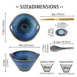 UNICASA Japanese Ramen Bowl Set with Chopsticks, Spoons and Rests, 26oz Deep Porcelain Noodle Bowl Set of 2 for Udon, Pho, Salad, Soup (Volcano Blue)
