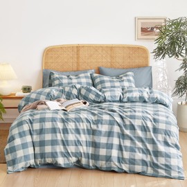 Wake In Cloud - Gingham Cotton Duvet Cover Set, Plaid Buffalo Check Checkered Farmhouse, 100% Washed Cotton Textured Percale Bedding Set, 3 Pieces, Greyish Blue White, Full Size